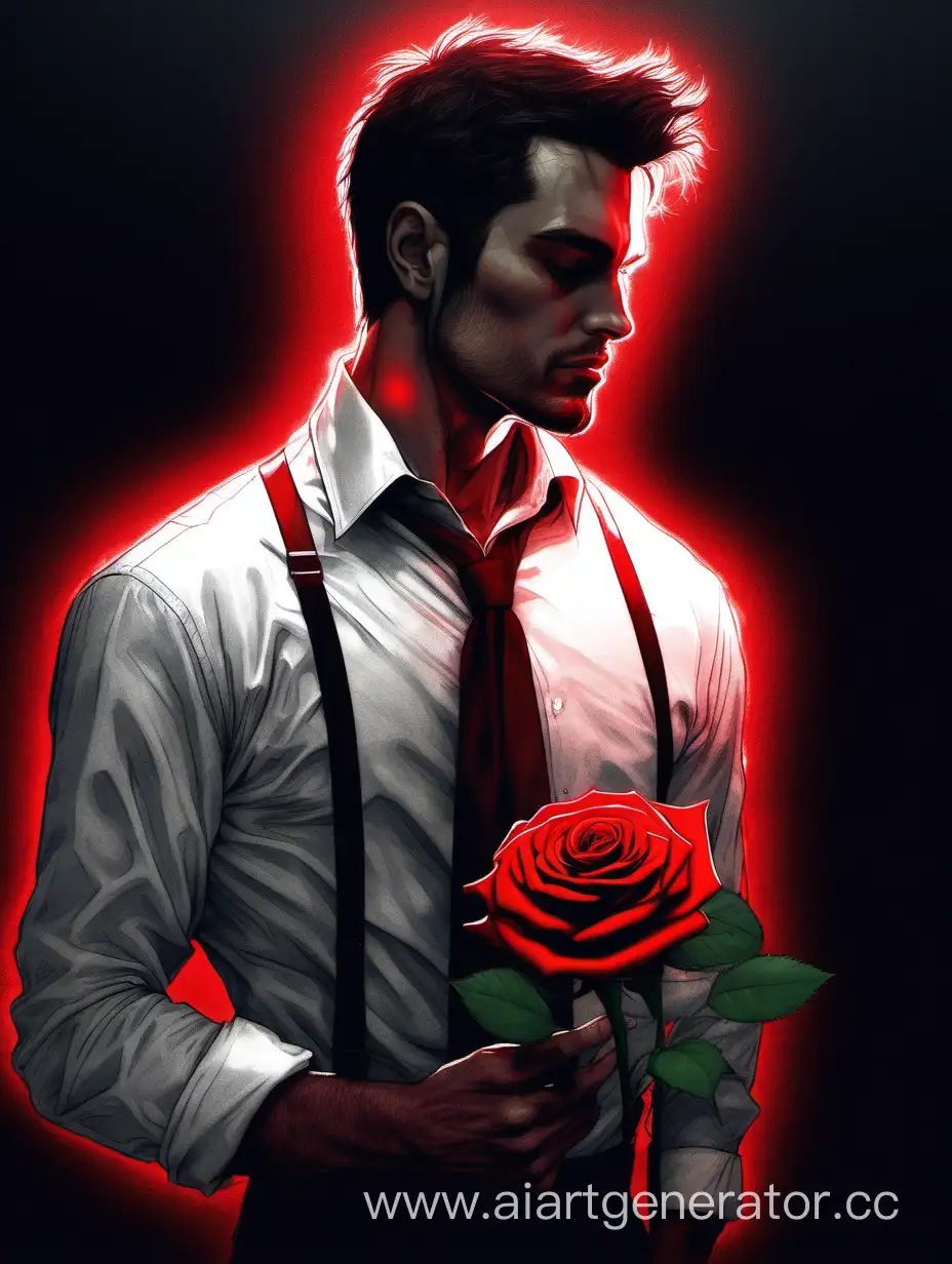 Brunet-Man-in-White-Shirt-with-Glowing-Red-Rose