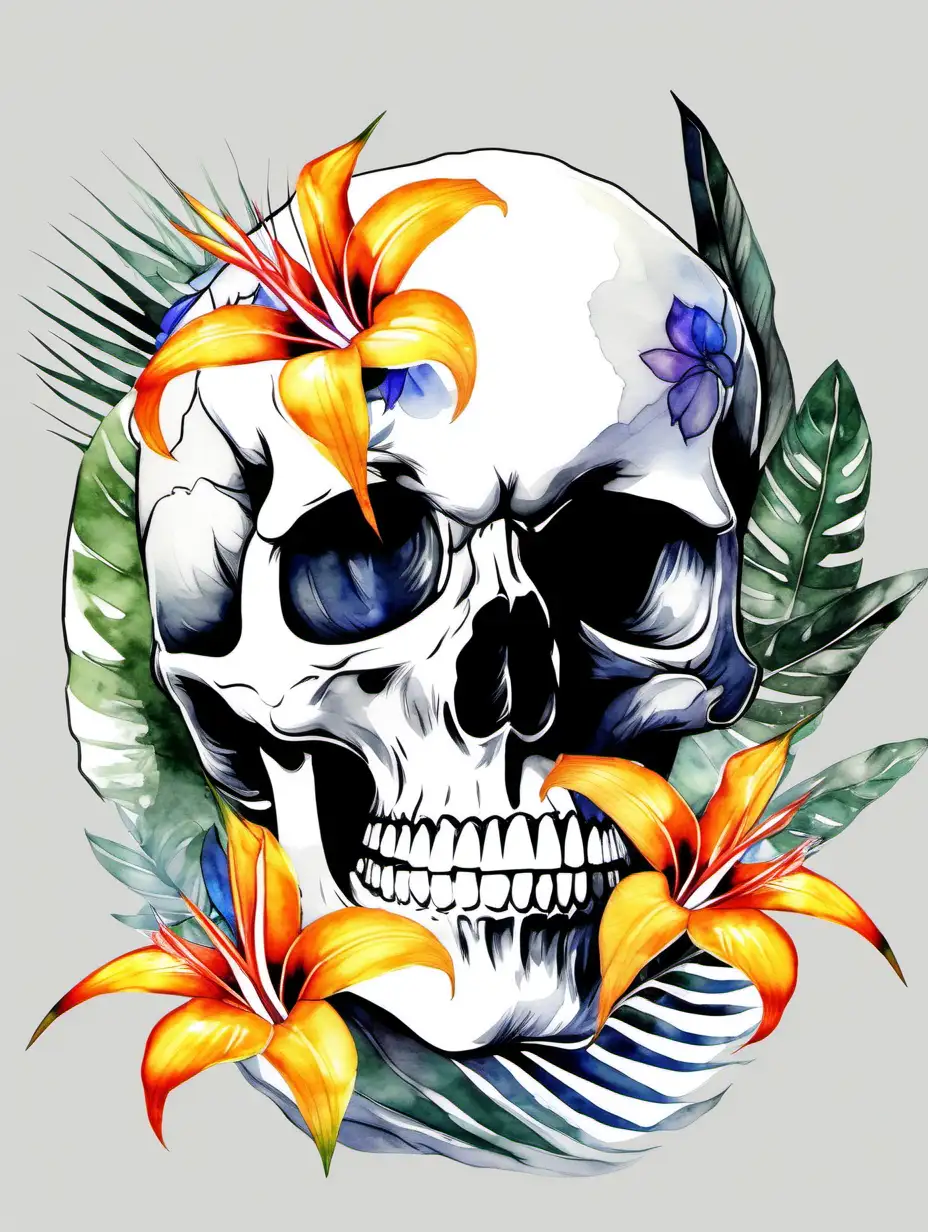skull with birds of paradise blossoms in the style of water color, white background