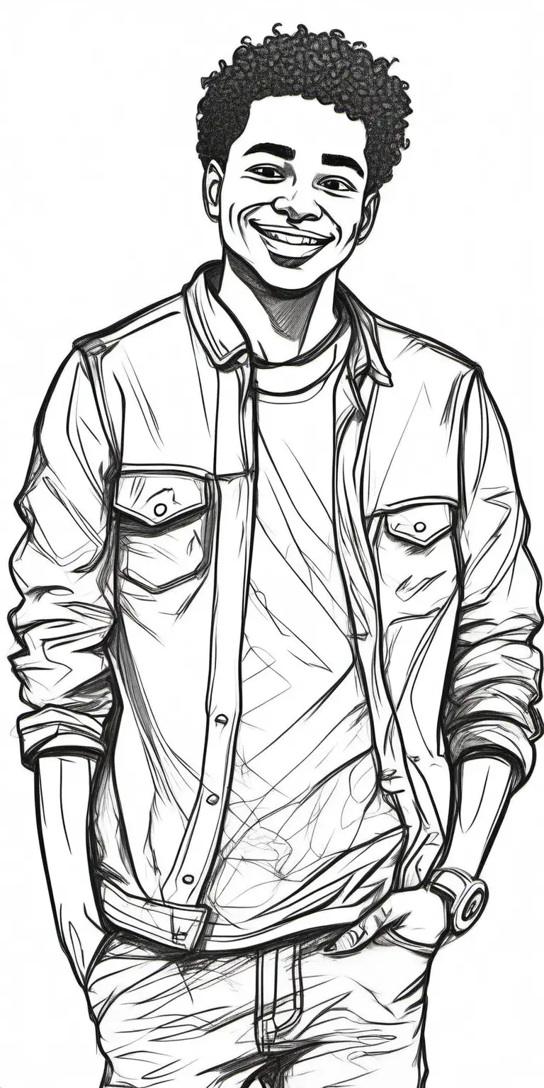 A rough line art sketch of a young mixed race man with a rounded face and a rumpled hair. He is standing upright, facing sideways and has a knowing smile. He  wears casual and inexpensive clothes.