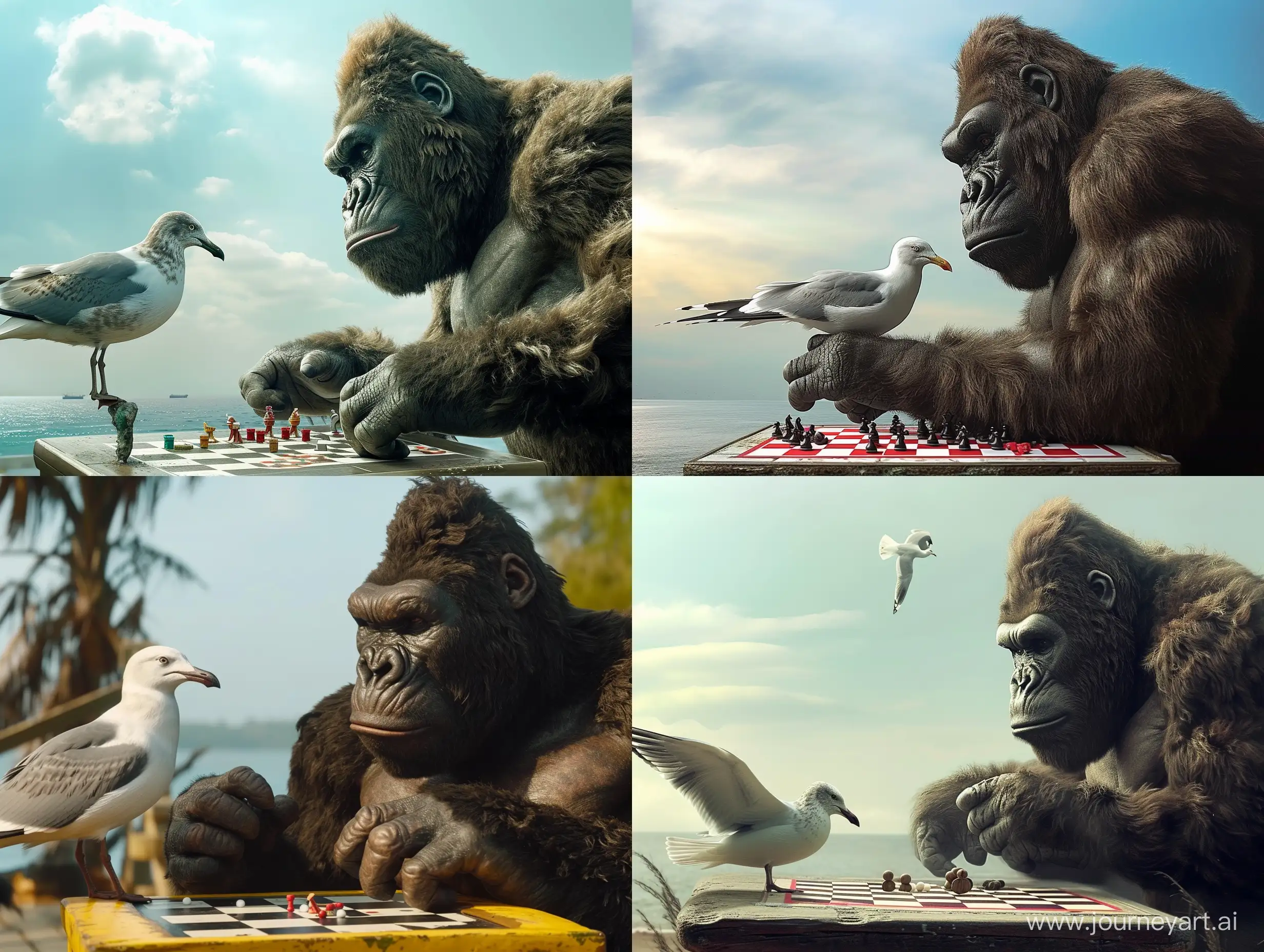 Giant-Ape-King-Engages-in-Checkers-Match-with-Seagull