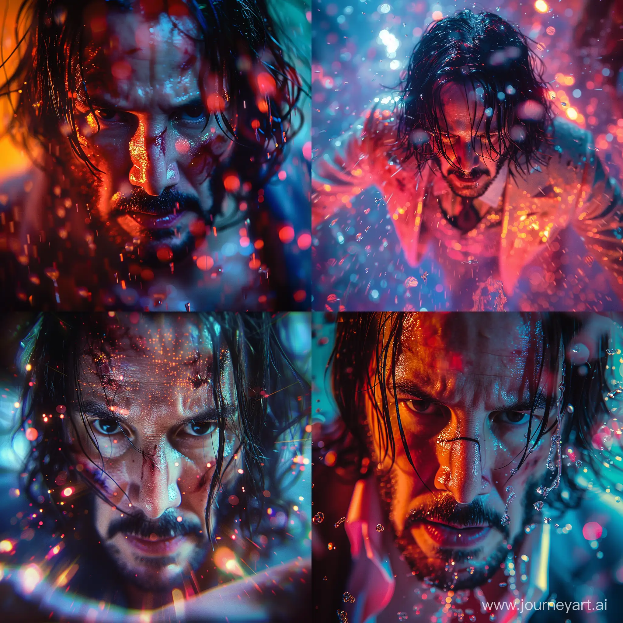 very extreme absurde fantastic a john wick ,extreme closeup with fisheye ,dynamic  light  effect camera angle dramatic ,colorful ,fashion shoot ,highly detailed  --style raw --stylize 500 --v 6