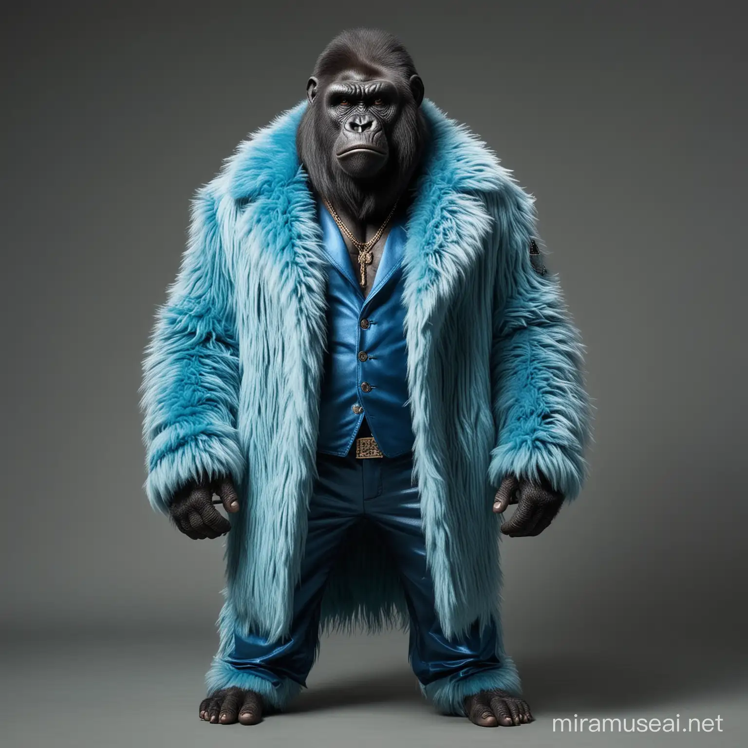 full body of a cool mafia pimp gorilla in pimp daddy blue fur coat
