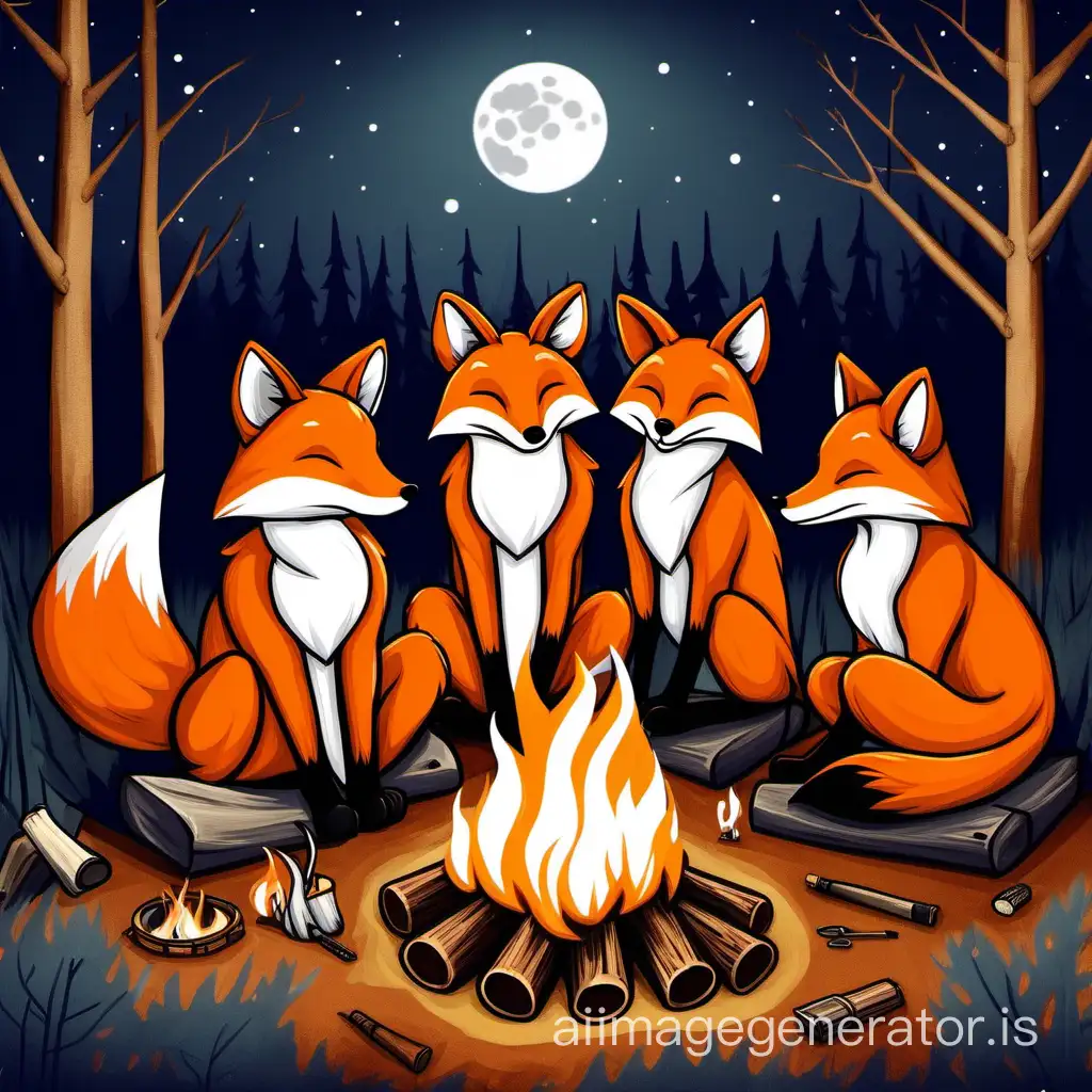 Clever-Foxes-Enjoying-a-Cozy-Campfire-Gathering