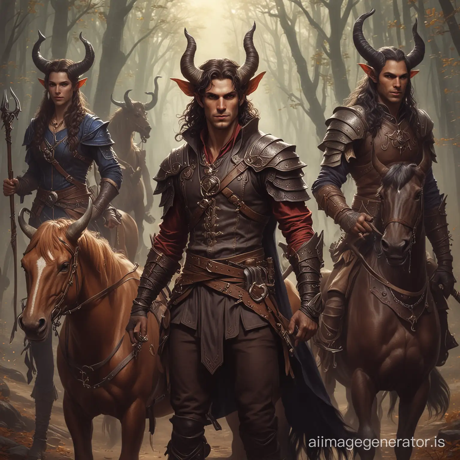 centaur, warlock, bard, tiefling. all men. fantasy.