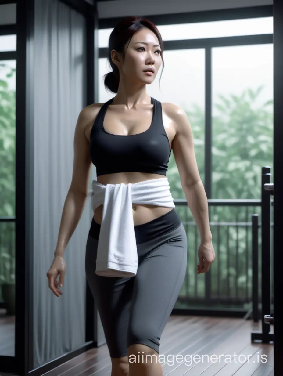 A good looking beautiful office lady goes to Pilates on her way home from work. Because she has been gaining a lot of weight recently. She came home from her Pilates and is drying her sweaty body with a towel in shower room, glimpsing belly, Japanese, full body in image, hyperrealism, 8K UHD, realistic skin texture, imperfect skin, shot with Canon EOS 5D Mark IV, highly detailed.