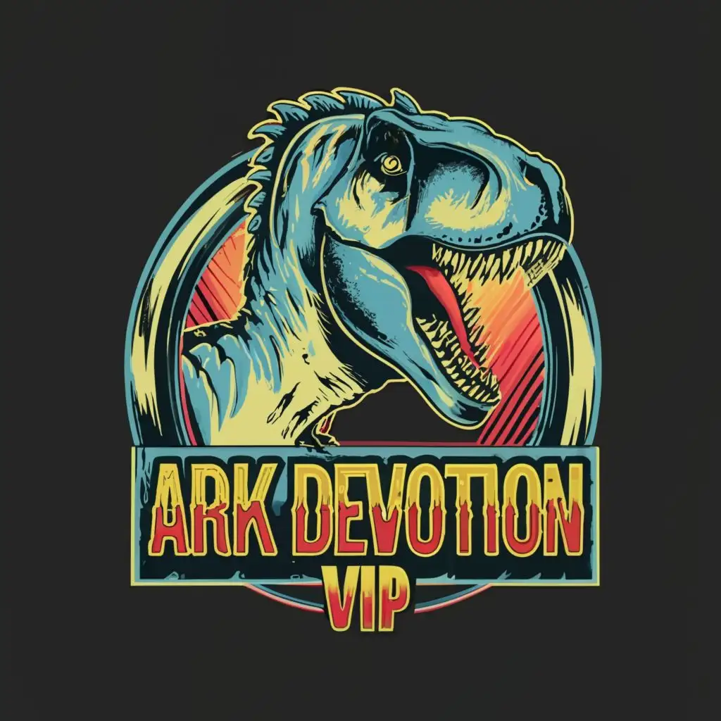 logo, A dinosaur, with the text "ARK DEVOTION VIP", typography, be used in Entertainment industry