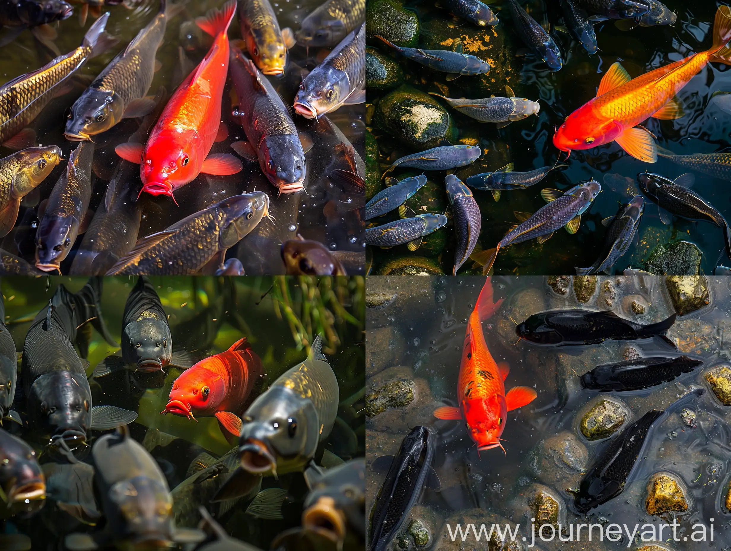 Vibrant-Red-Carp-Swimming-Among-Black-Carps-in-Serene-Pond