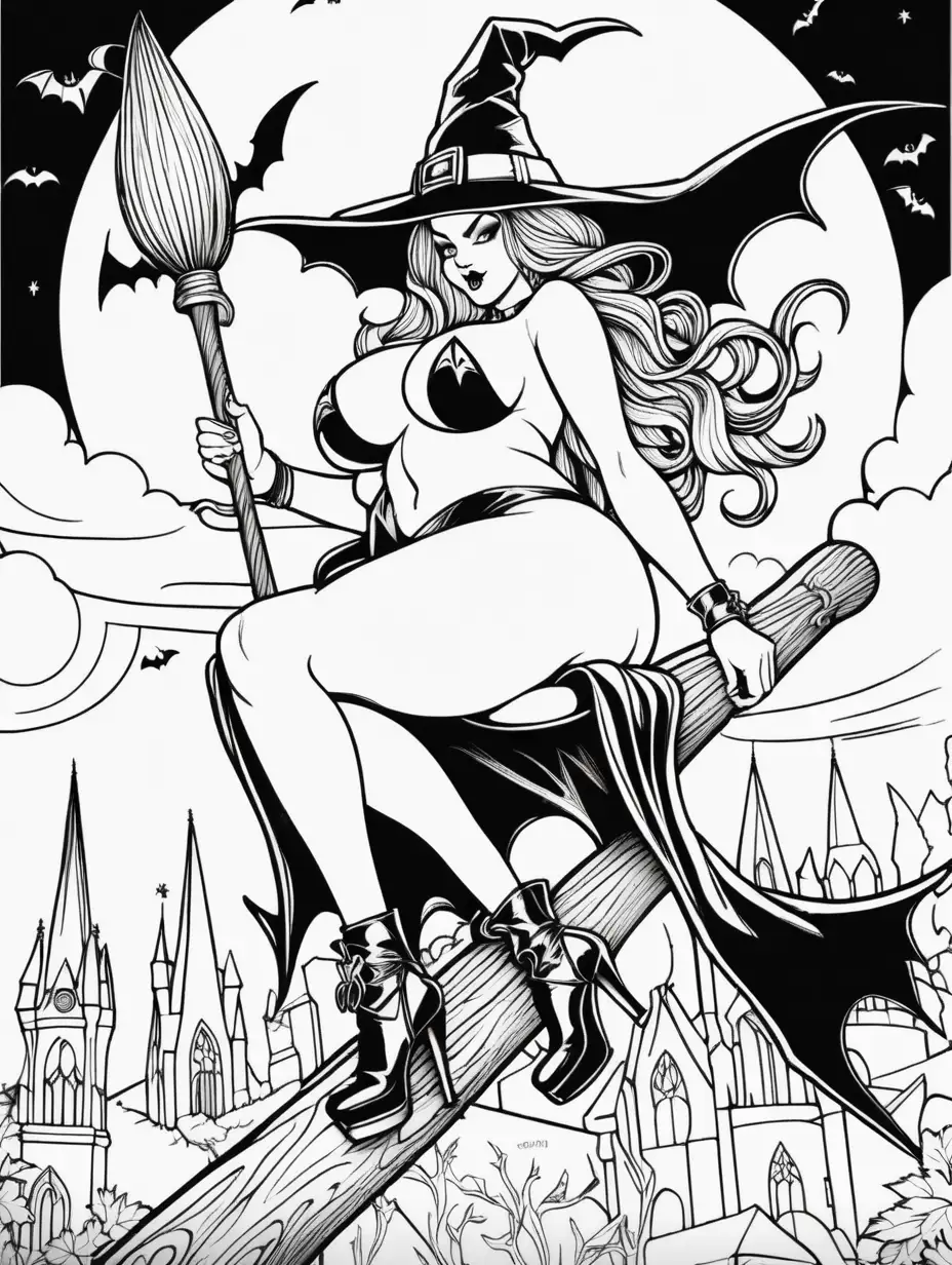 Adult Coloring Book Page, Black and White only, No Shading, Thick Black Outlines, hot gothic witch riding broom,  SEXUAL POSES, big boobs, big butt,  halloween sky background with bats