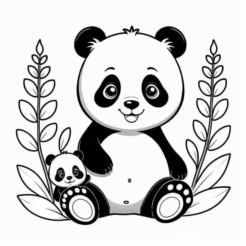 Smile Mama panda and cute baby panda, Coloring Page, black and white, line art, white background, Simplicity, Ample White Space. The background of the coloring page is plain white to make it easy for young children to color within the lines. The outlines of all the subjects are easy to distinguish, making it simple for kids to color without too much difficulty
