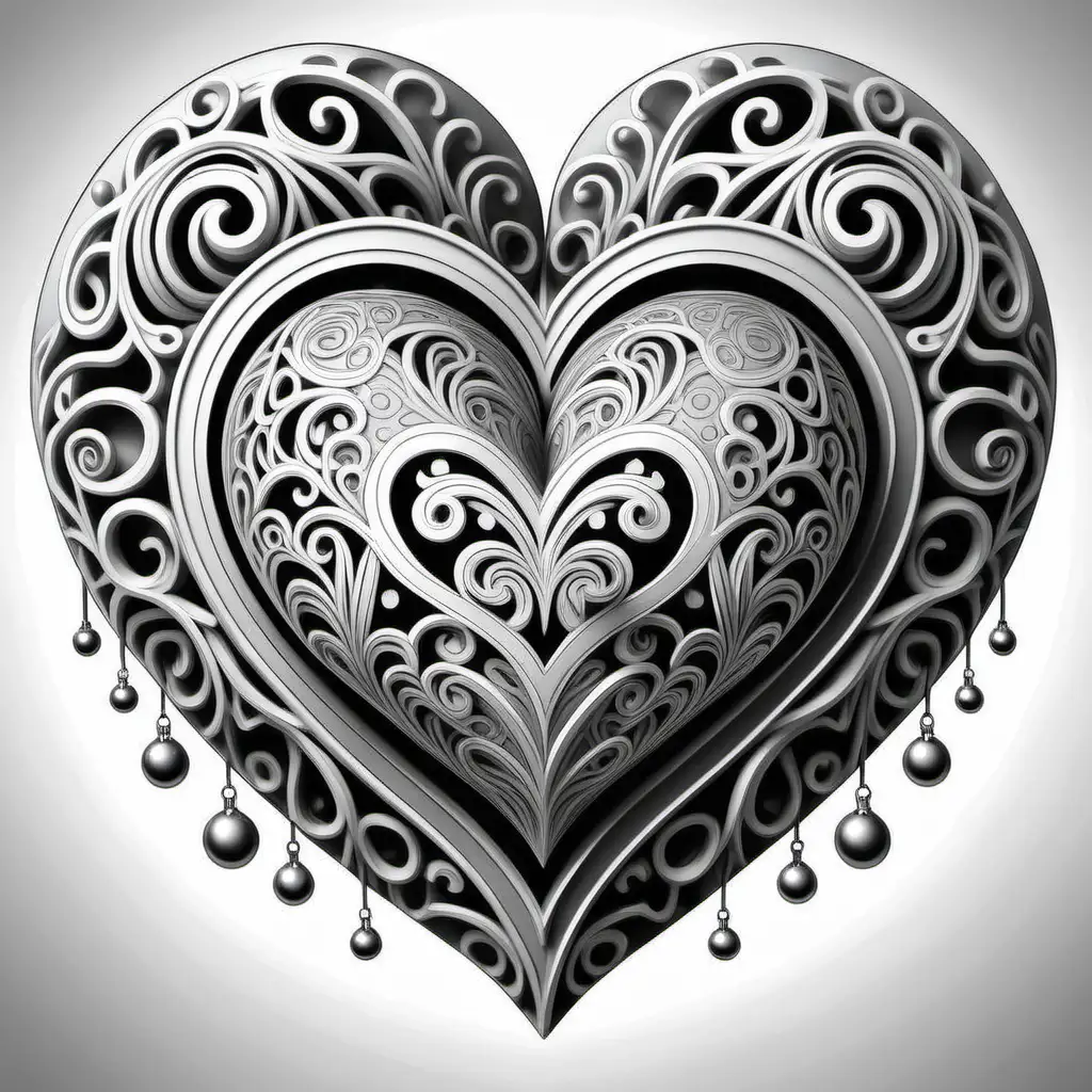 Exquisite Black Lined Greyscale Heart Coloring Page with Intricate Ornaments