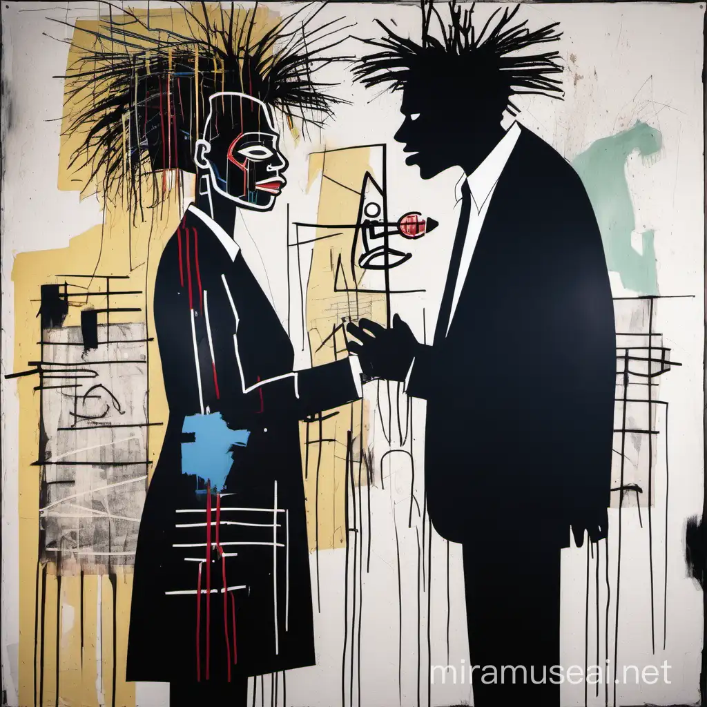 a image that is Basquiat themed and show loves between a man and woman