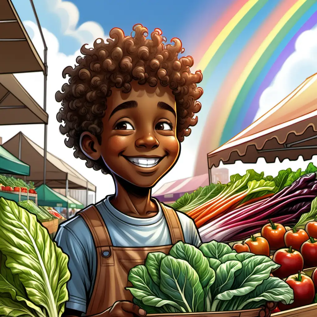 cartoon ernie barnes style african american boy with curly hair looking the rainbow chard smiling at the farmer's market