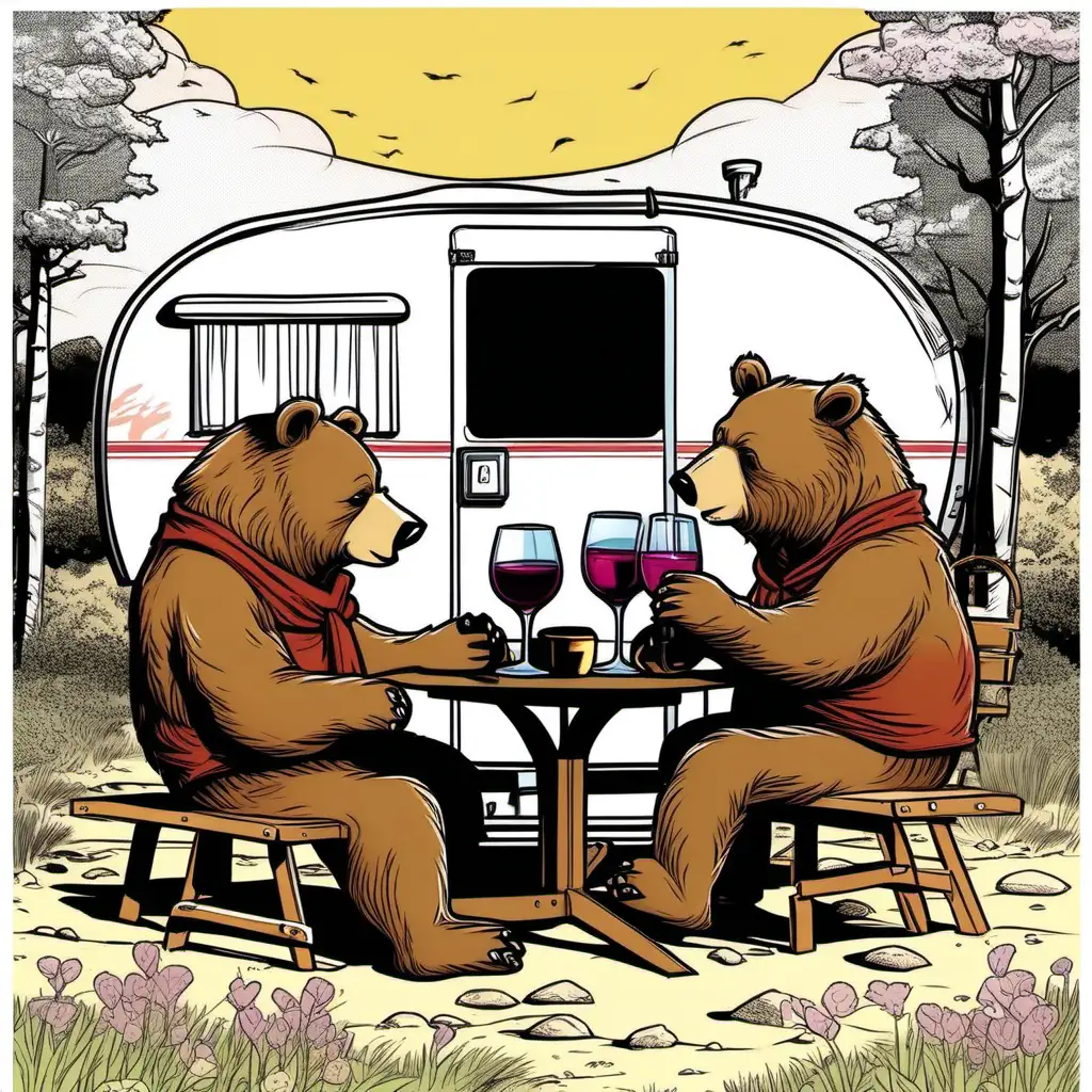Two bears romantically drinking wine in front of the caravan (comic style)