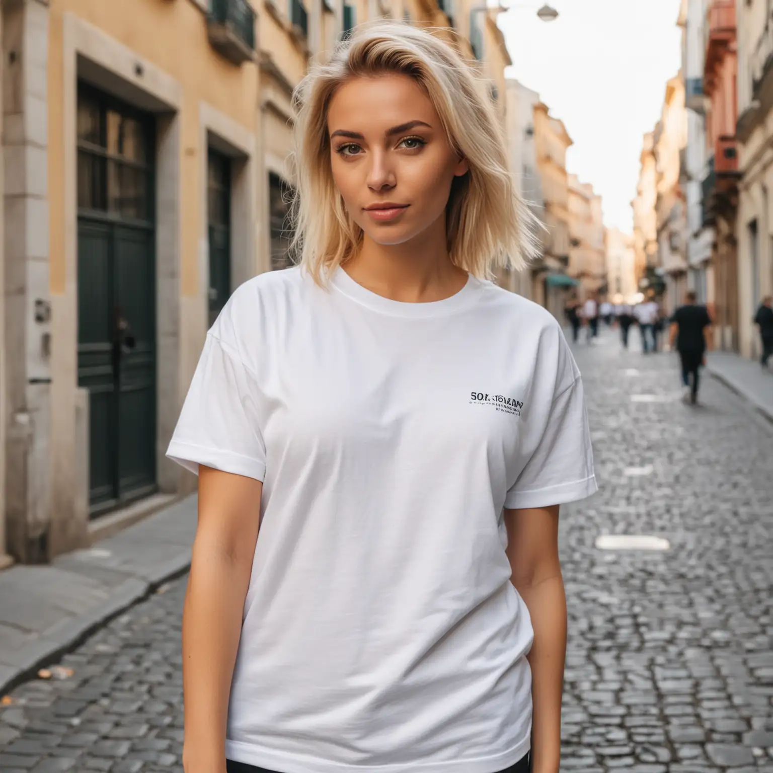 blonde woman wearing white oversized gildan 5000 t-shirt, europe street background, facing front