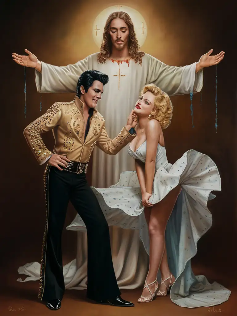 In the bottom left, Elvis Presley strikes a confident pose with a hand on his hip and the other teasing Marilyn Monroe's chin, revealing a mix of tenderness and mischief. He sports his trademark gold jacket and black trousers, exuding a blend of majesty and comfort, while his smile radiates playful warmth. On the bottom right, Marilyn is depicted with a shy yet captivating expression as she holds down her fluttering dress, embodying sensuality with a hint of modesty. She's in her iconic white dress, her golden curls and perfect makeup emphasizing her charm. Above them, Jesus Christ stands with open arms in a backdrop, seemingly offering protection or comfort to the duo. He wears a simple, noble robe, and his traditional look is augmented by tears of blood, suggesting a deep meditation on humanity and its values.