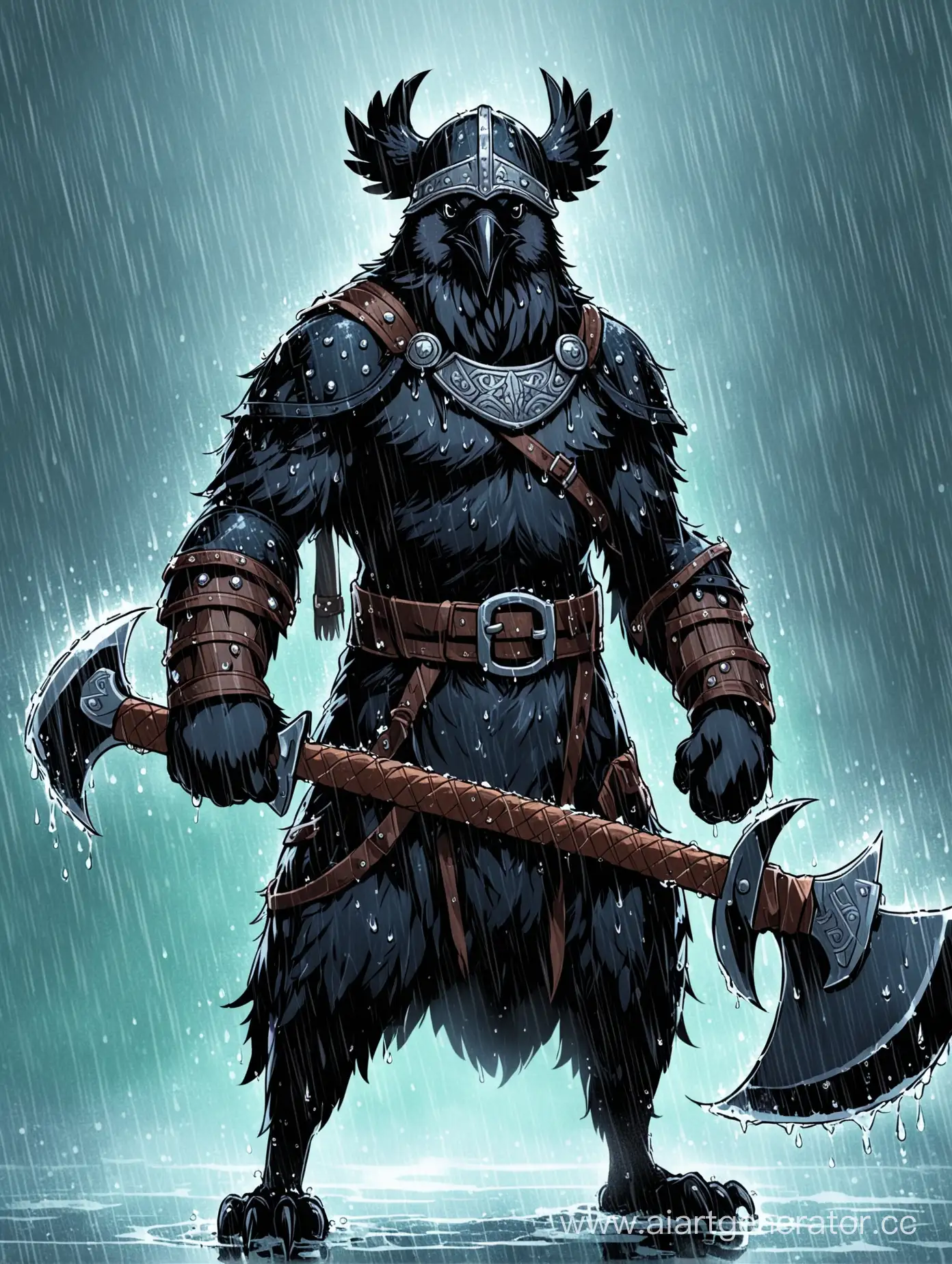 Fierce-Crow-Furry-Viking-Warrior-in-Rain-with-Dual-Axes