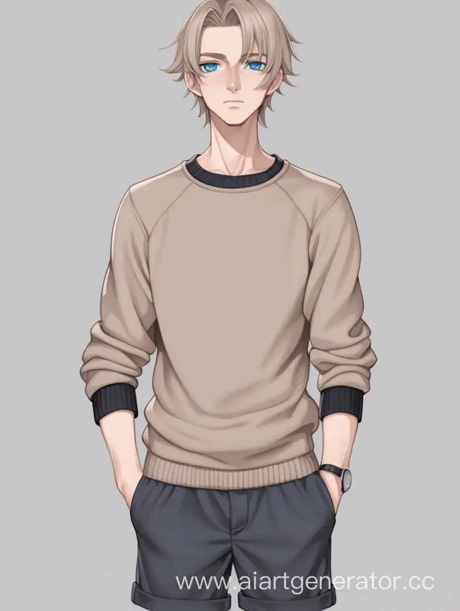 Tall-Man-in-Stylish-Black-Sweater-and-Gray-Shorts-Handsome-25YearOld-with-Blue-Eyes-and-SandColored-Hair