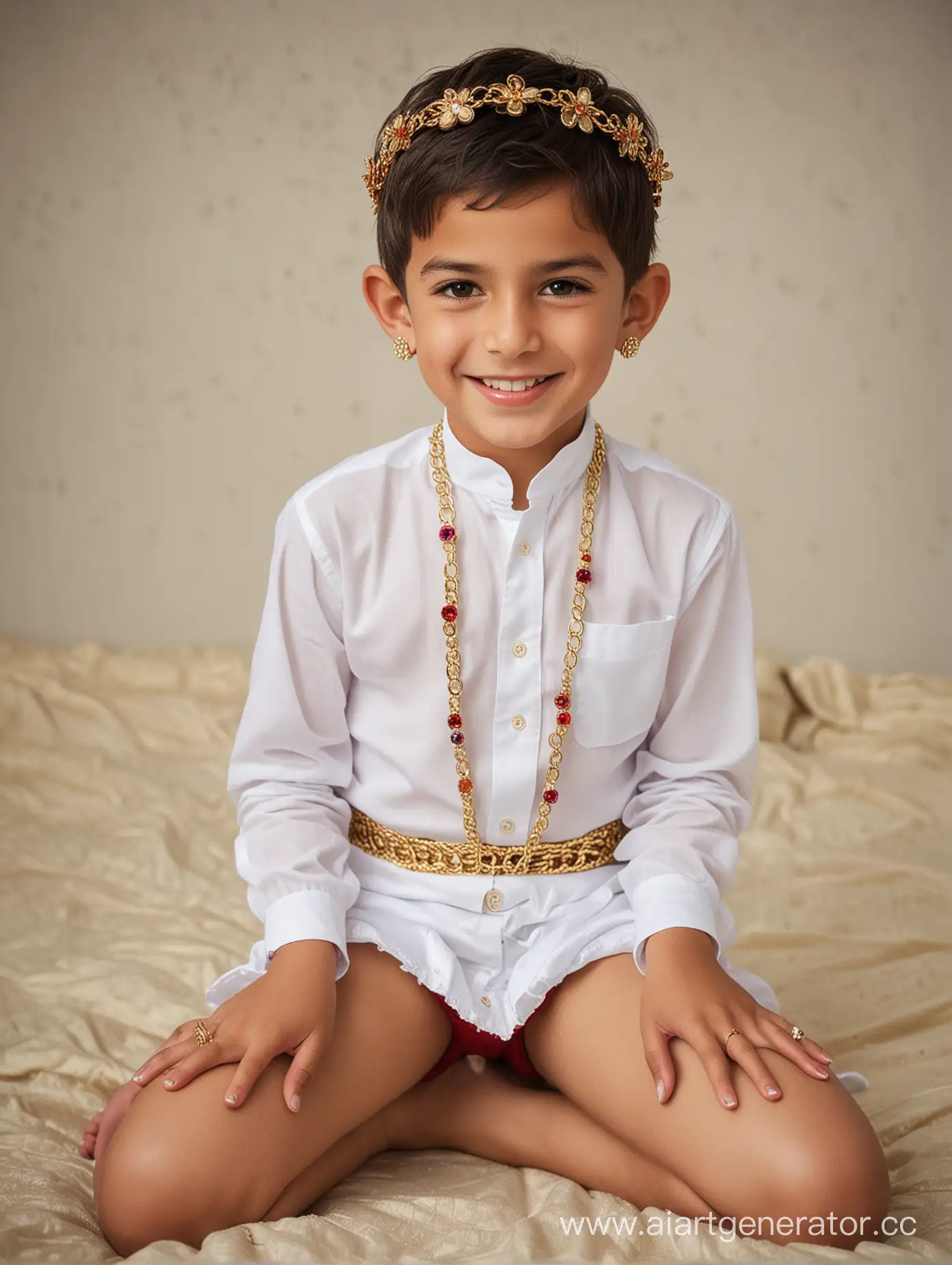 Joyful-Arab-Boy-in-Colorful-Wedding-Attire-on-Plush-Bed
