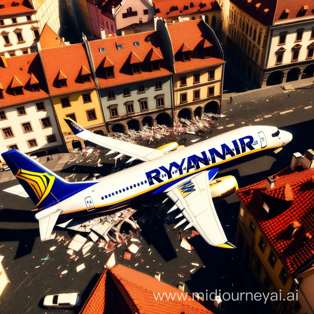 make a realistic ryanair plane crashing in Prague. The plane is low over the old town and burning. Left wing is falling apart