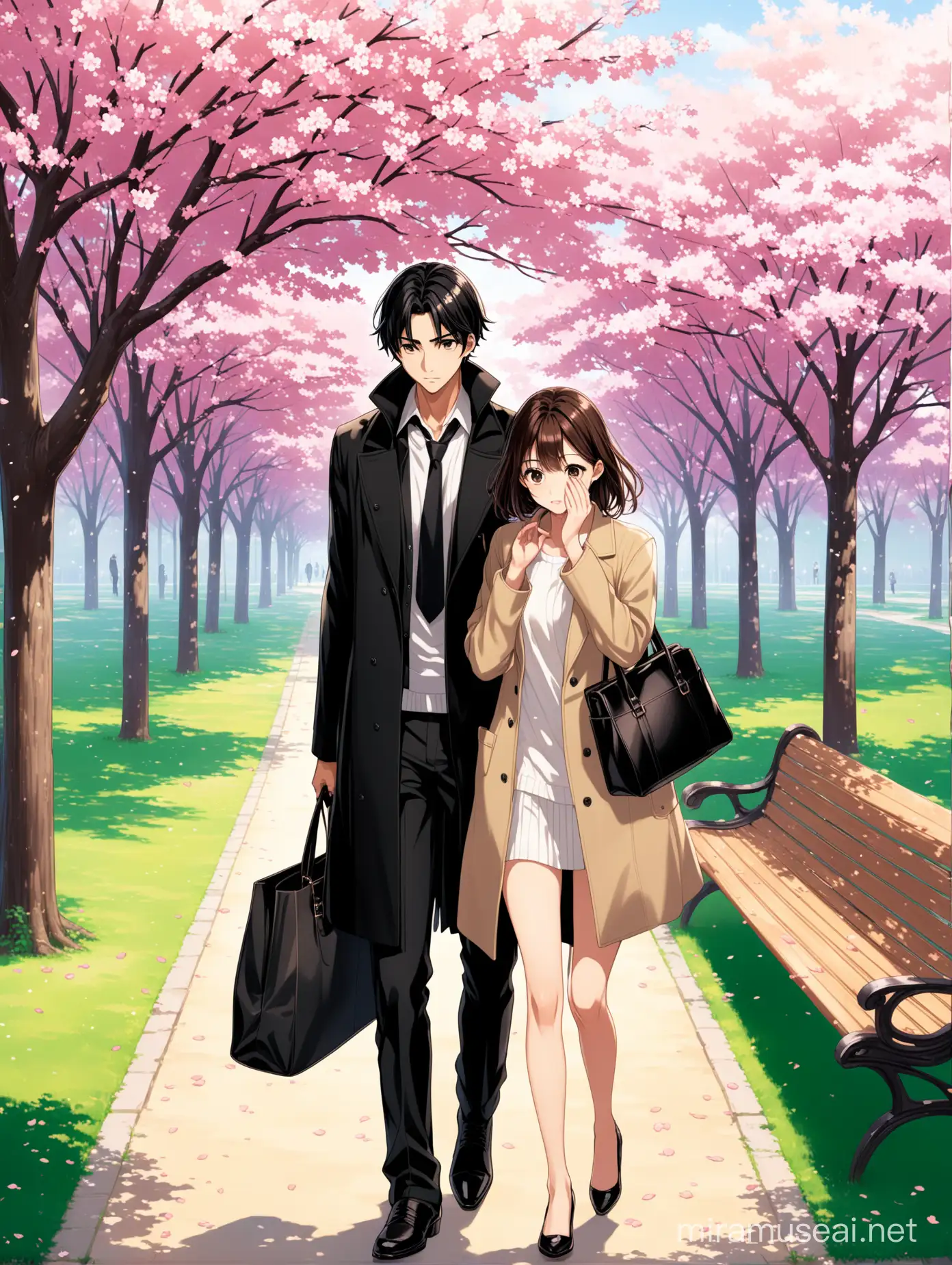 Anime of: A beautiful girl with short brown hair and big brown eyes, wearing a long-necked black sweater with a sand-colored coat over it, black pants and black heel shoes. She is trying to wipe away her tears with her right hand, while in her left hand she carries a black women’s bag. Behind her appears a handsome young man with black hair and big black eyes, wearing a white shirt and tie.  A black neck, a long black coat, long black pants, and shoes, and it appears that they separated at that moment after a love story, and all of these were events that took place in a park in Tokyo, and a wooden garden chair and sakura trees whose leaves were falling on them appeared next to them. They are alone in the garden