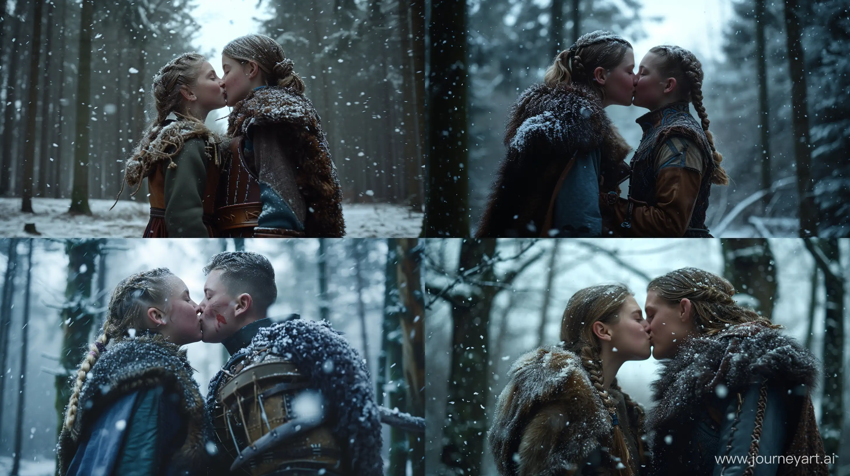 cinematic scene, 
romantic kiss between a teenage princess and a teenage Viking warrior. It's snowing in the middle of a forest,  wide-angle shot (wide shot), perspective, ALEXA 65, BL camera, ARRI Signature Prime Lenses, 70mm --ar 16:9 --style raw --v 6