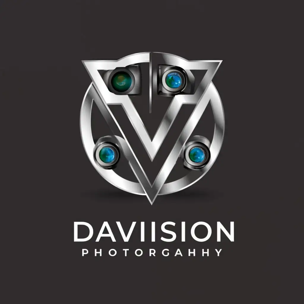a logo design,with the text "DaVision Photography", main symbol:DV, camera,, be used in Entertainment industry