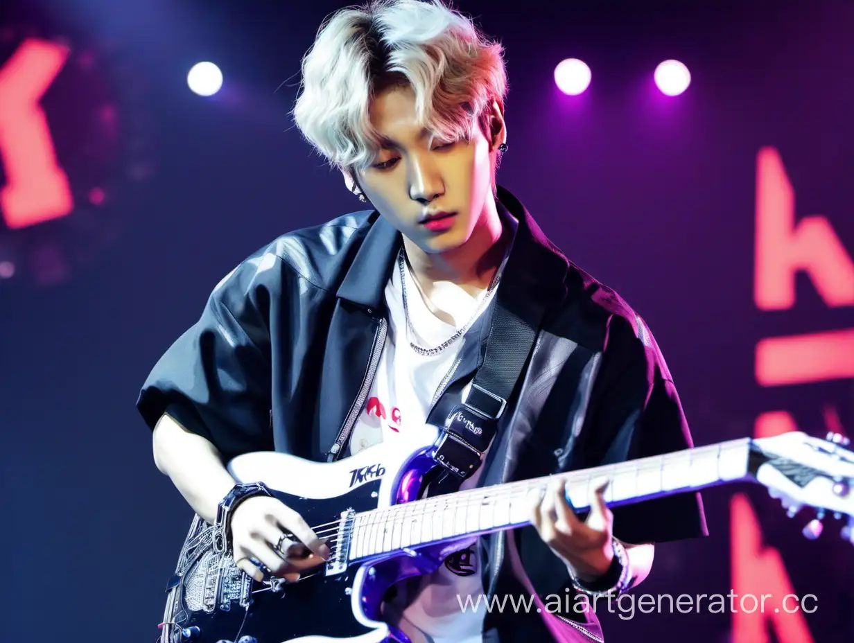Хан Джисон из к-поп группы Stray Kids играет на гитаре в ночном клубе.