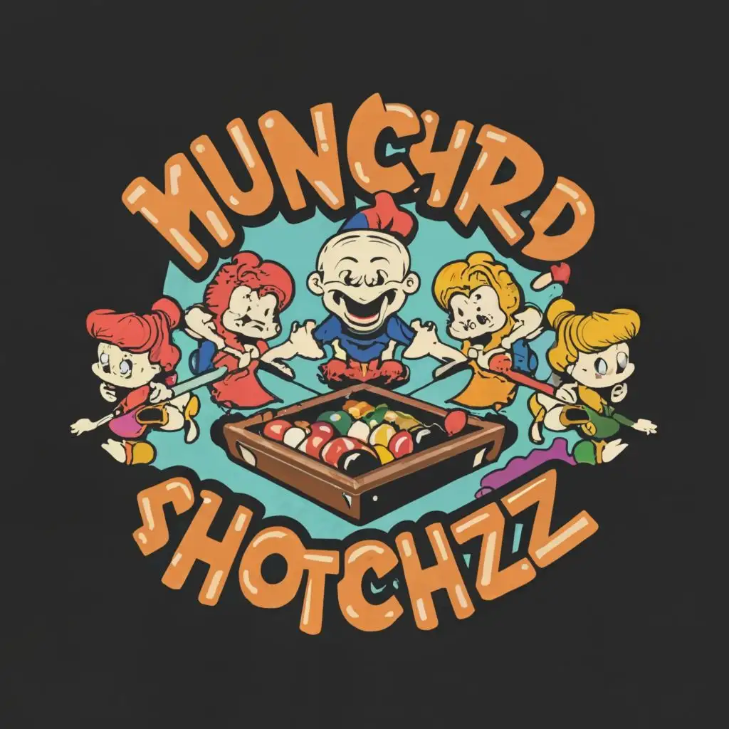 logo, billiards and munchkins, with the text "Munchshotz", typography