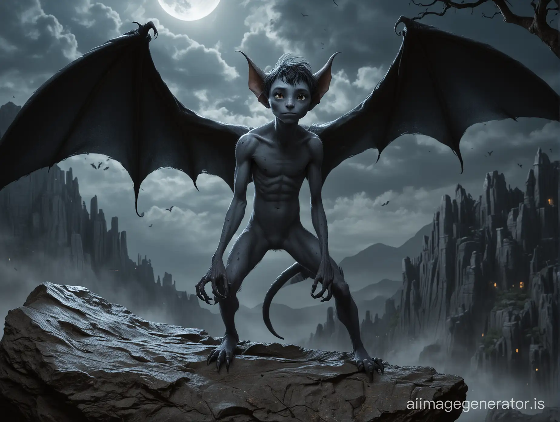 A teenage Boy with very smooth gray-blue skin and some freckles. He has bat-like wings and a Tail. He is skinny. He has pointet ears. He has dark hair. He has claws instead of fingers and toes.  Two natural sharp horns growing from his forehead. He stands on a Rock in a dark cloudy Night like a Gargoyle. Show the entire boy in a long shot.