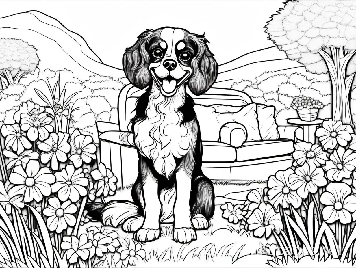 a happy blenheim cavalier dog in a beautiful backyard surrounded by flowers, landscape plants, with a place for lawn furniture, Coloring Page, black and white, line art, white background, Simplicity, Ample White Space. The background of the coloring page is plain white to make it easy for young children to color within the lines. The outlines of all the subjects are easy to distinguish, making it simple for kids to color without too much difficulty