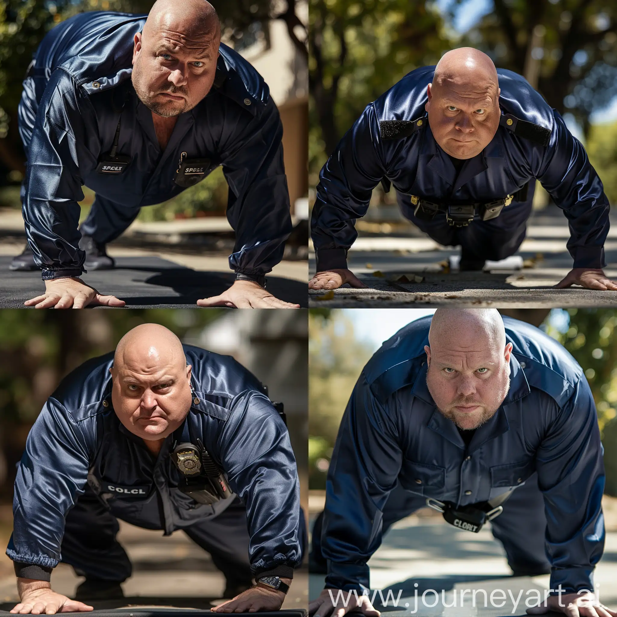 Close-up photo of a fat man aged 60 wearing a silk navy security guard slim-fitted full coverall. Black tactical belt. Doing planks on the ground. Outside. Bald. Clean Shaven. Natural light.