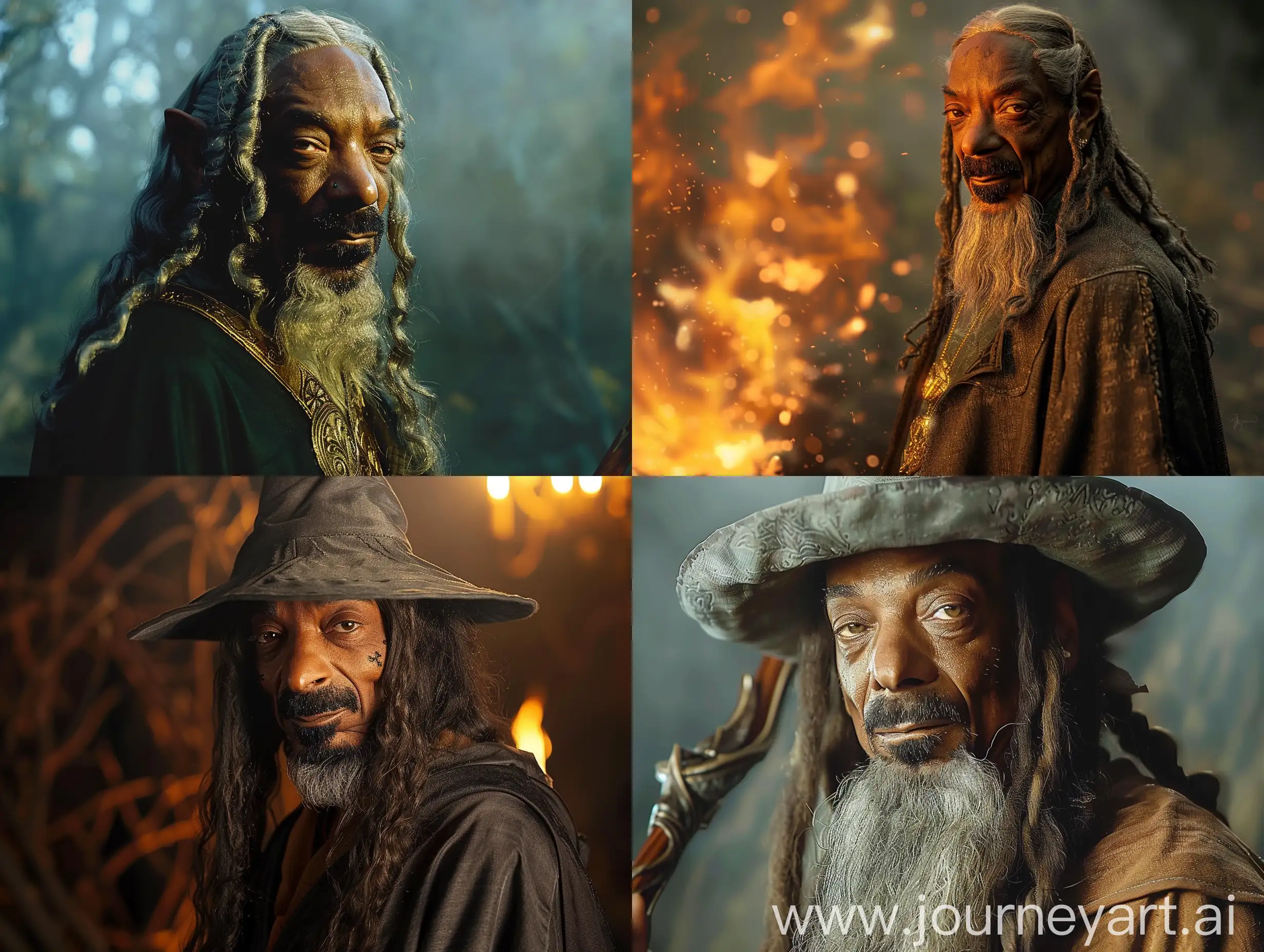 Snoop Dogg as Gandalf, The Lord of the Rings movie, photorealistic, cinematic, movie shot