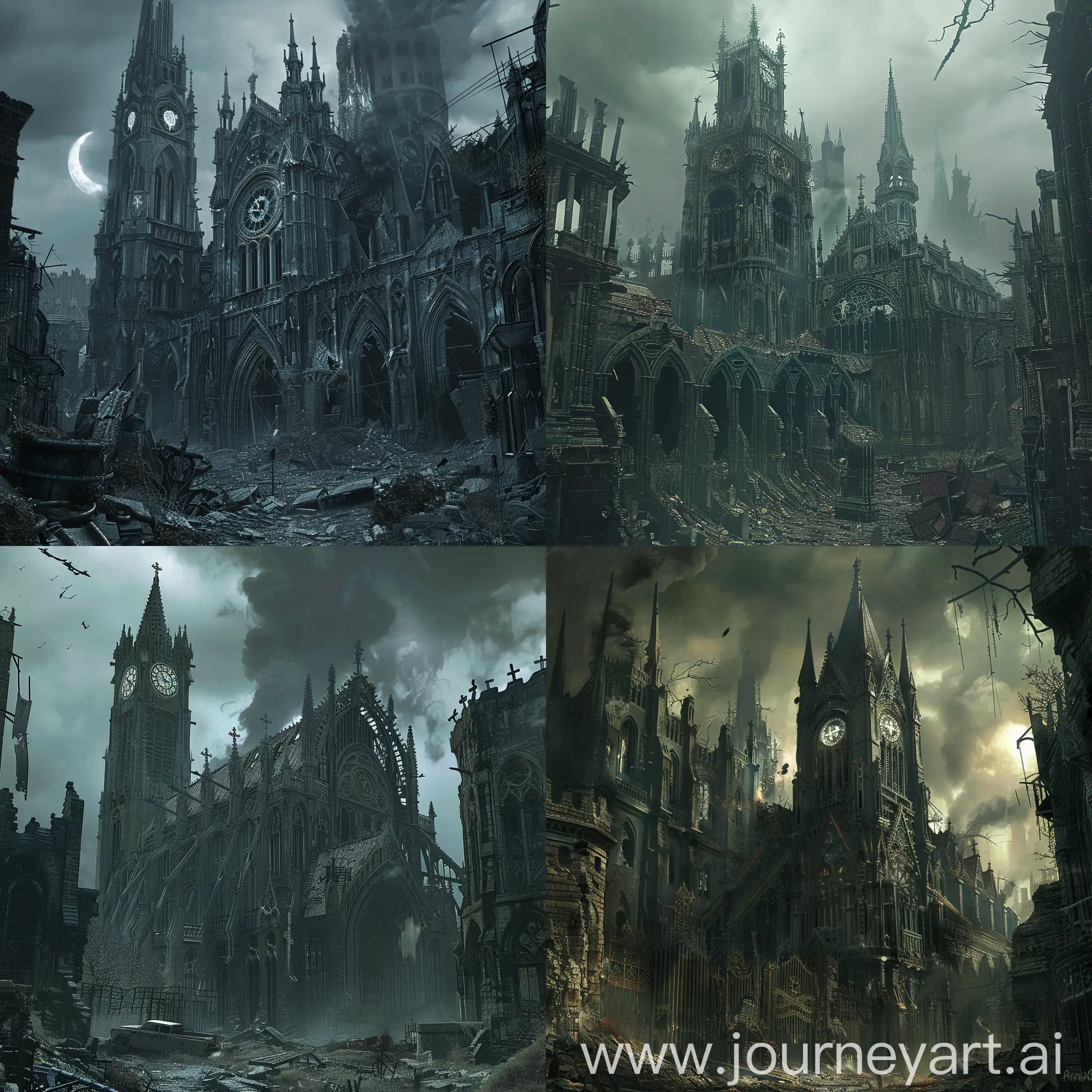 arafed image of a gothic church with a clock tower, ruined gothic cathedral, in postapocalypse city, in ruin gothic cathedral, cathedral!!!!!, destroyed monastery, cathedral, ornate city ruins, scary gothic architecture, post - apocalyptic magic kingdom, ruined architecture, destroyed church, dark gloomy church, cyberpunk church, cathedral of sun, bloodborne cathedral