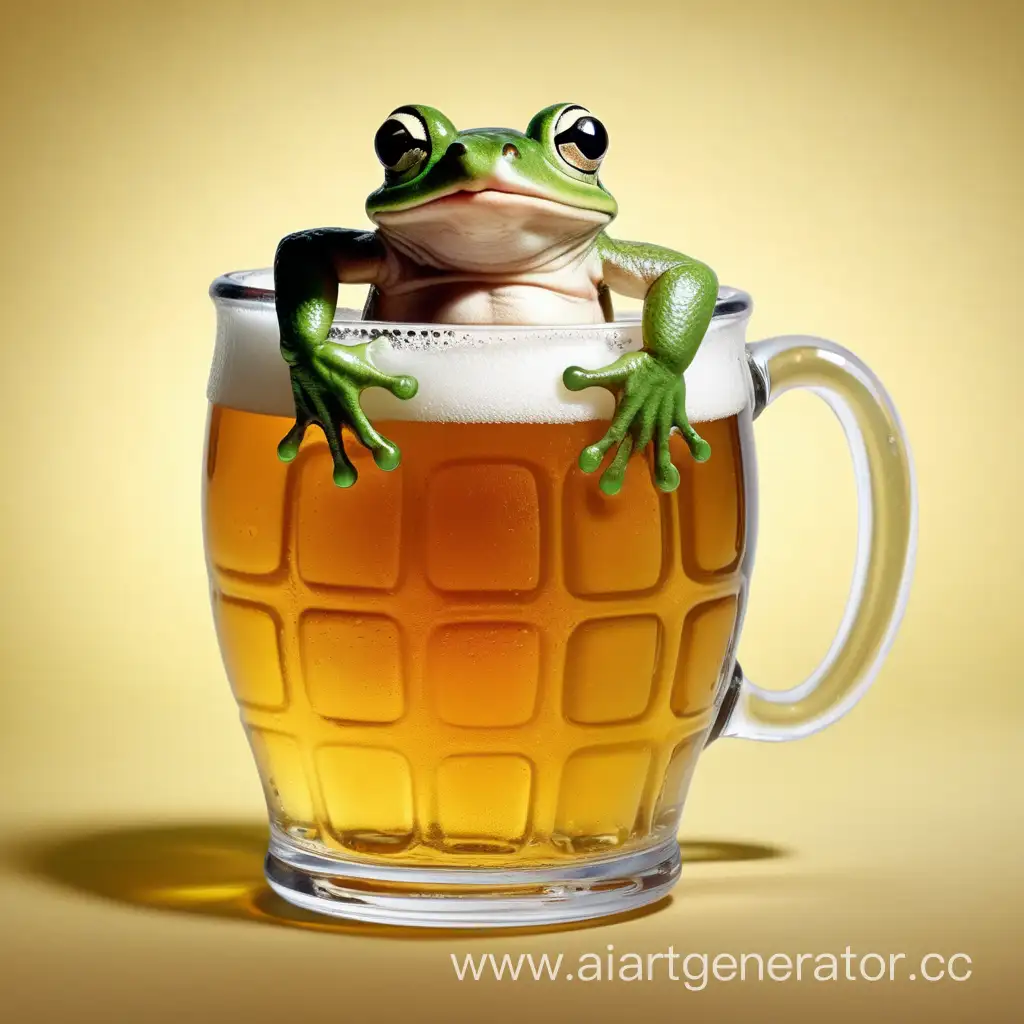 A frog in a beer mug with a press on his stomach
