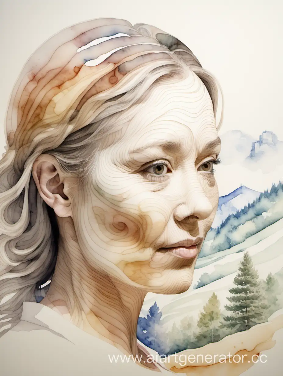 оптическая иллюзия: контуры лица женщины 40 лет зашифровано в пейзаже акварель: каждая деталь лица являются частью пейзажа