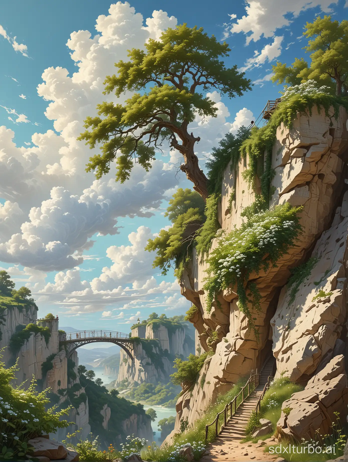 Ultrarealistic painting in the style of Carl Spitzweg, a high cliff,on top of it is a huge oak tree with a mint green leaves,a hanging bridge going to another cliff,grasses,flowers,anime style of fluffy white clouds and blue sky,far angle view
