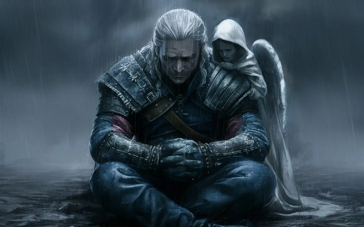 Геральт  сидит на коленях грустное лицо мрачное атмосфера плачет текут слёзы по щеке руки держит на голове  прилетел ангел хранитель льёт дождь 