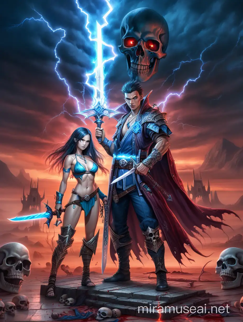 A handsome young man with a powerful sword and blue lightning striking all around his body, with a young sexy sorceress standing next to him and skulls on the floor, with a bloody red sky.