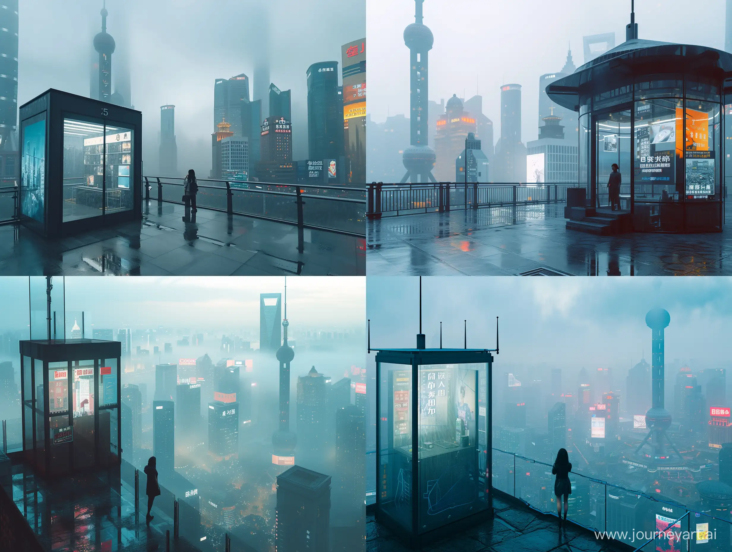 a bustling large Procedural shanghai cityscape, the photo is bathed in natural lighting, relaxing setting. Shot in 4k with a high end DSLR camera. such as a Canon EOS R5 with a 50mm f/1. 2 lens, creative architectures, full view, skyline, vivid, foggy, dystopian, science fiction, skyline, billboards, nature, year 2100 futuristic, a cyberpunk woman standing inside a  building near a glass looking at the viewer, landscape, environment, synthwave,
