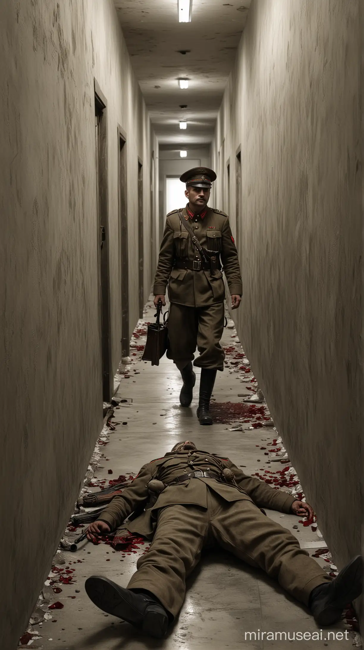 Dead soviet soldier in a corridor, shot by Stalin's people. Hyper realistic