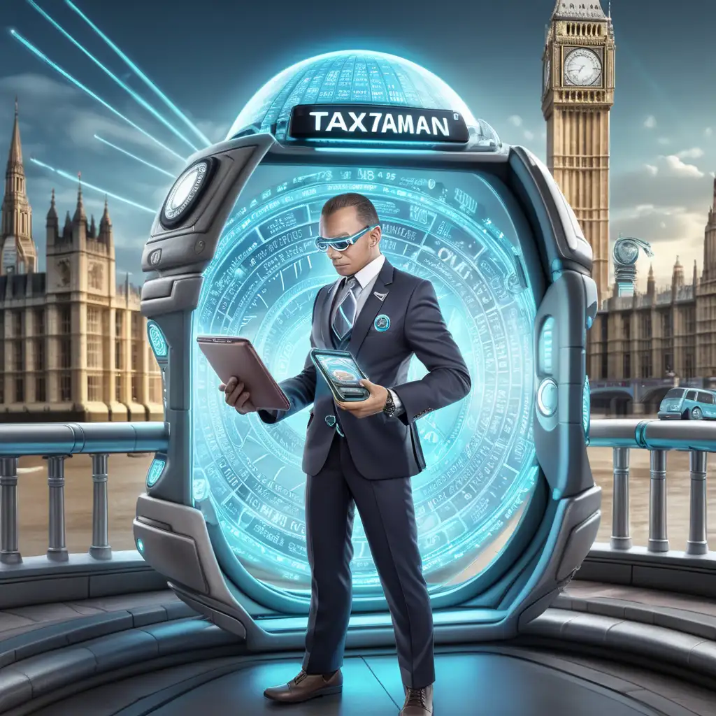 ChronoSmith in his futuristic taxman suit activates his time-traveling device landing in futuristic London. Include IRS symbology 