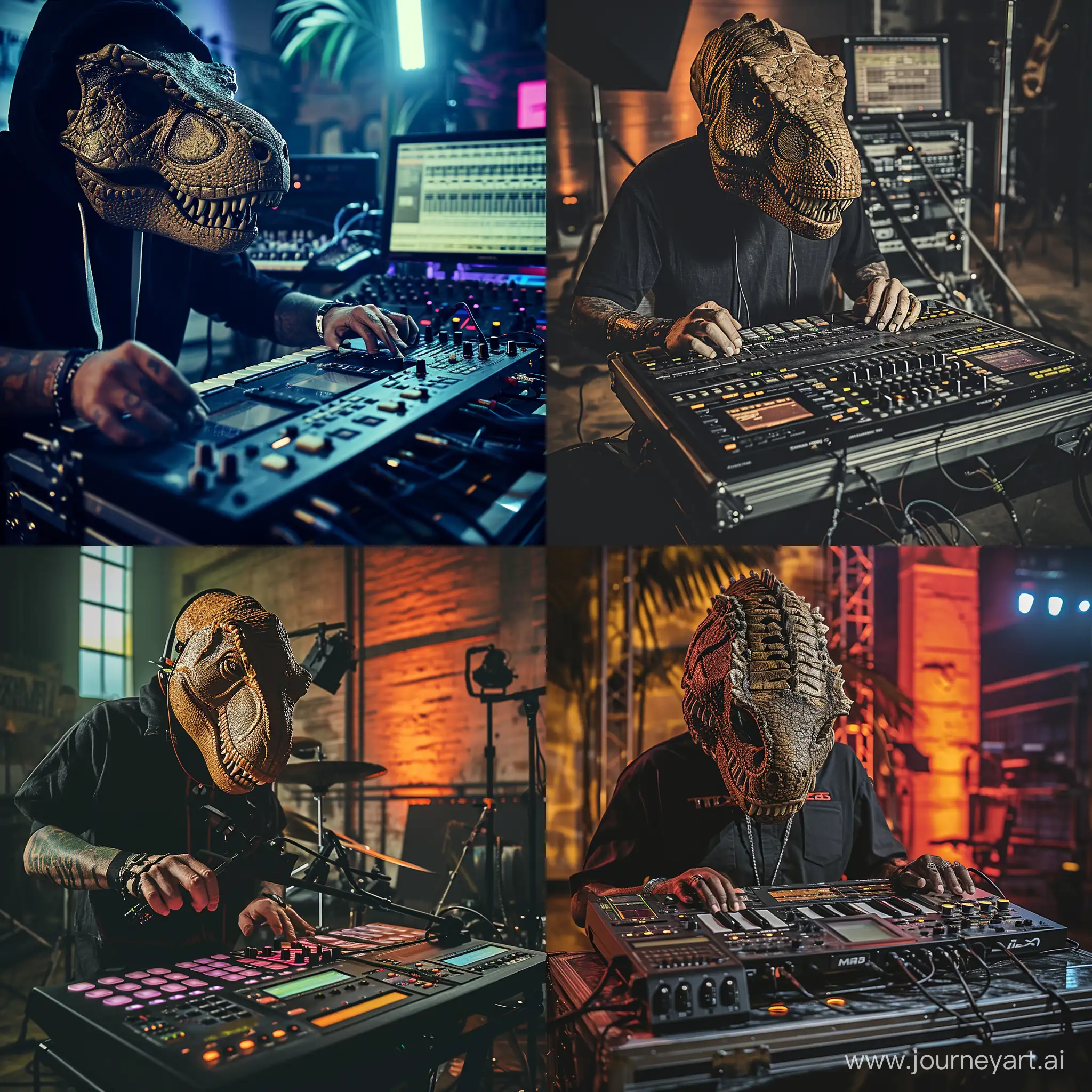 Generate an T-Rex mask man with a head proportionate to his body,  man creating music on a distinctive drum controller MPC, with large pads and a display, set in a studio environment." , gritty vibe wide shot, ALEXA 65 from ARRI Rental , Nick Summerer shot, dramatic and moody lighting, street cinematography style, man is in front perspective,  different camera angles