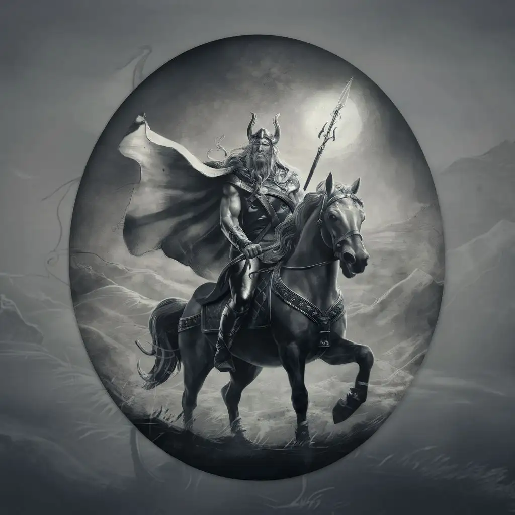 odin, with his weapon Gungnir and his eight-legged horse Sleipnir. horse with eight legs. make the picture in the shape of oval