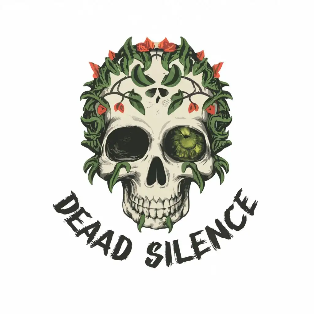 logo, an old skull with plant eyes white background dead silence under the skull white back ground, with the text "dead silence", typography