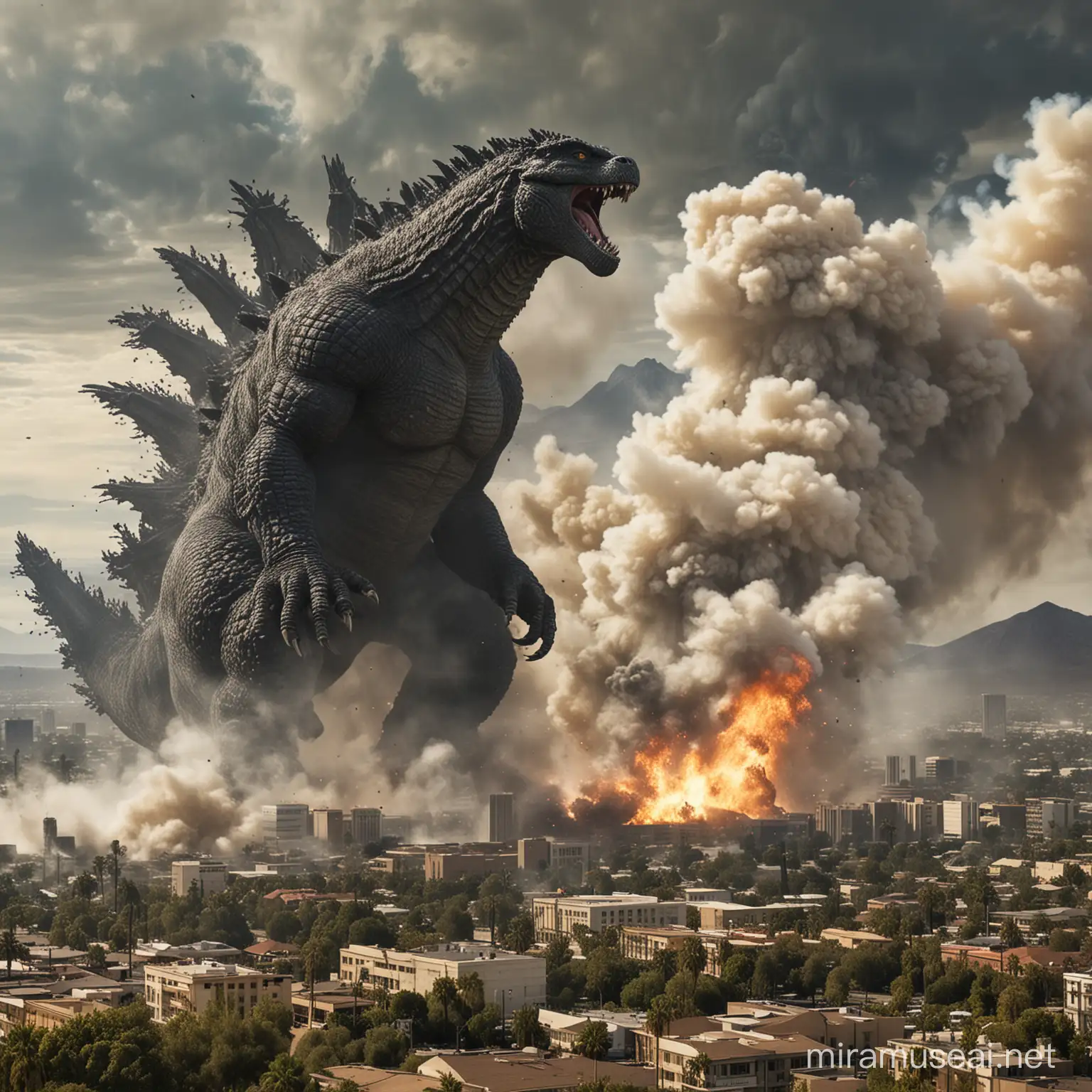 Godzilla Rampaging through Riverside California Destruction Scene