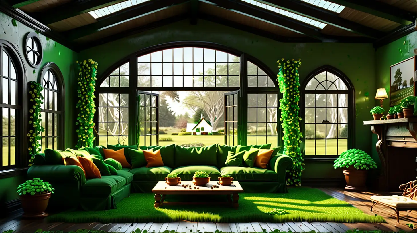 Hyperrealistic Leprechaun House with Large Windows and Clovers in Living Room