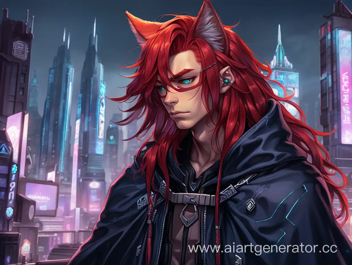 грустный кошкомальчик с длинными красными волосами в мантии в киберпанк городе
