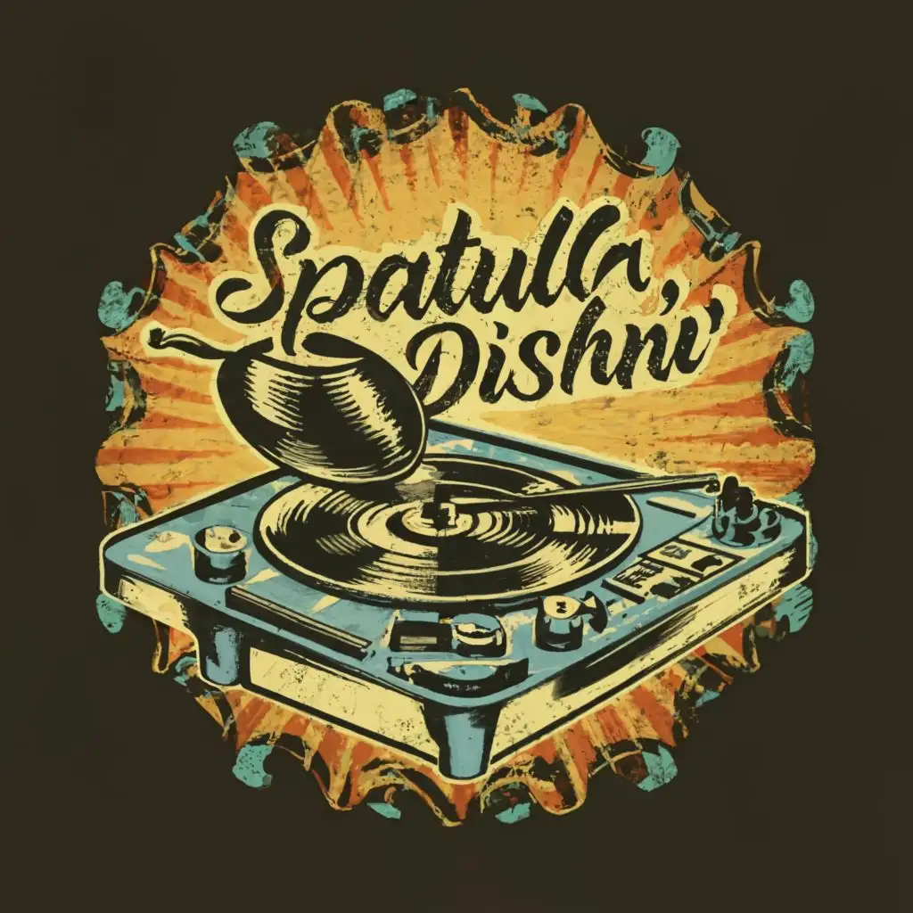 logo, spatula underneath an LP on a turntable, with the text "SPATULA DISHIN'", typography, be used in the Entertainment industry