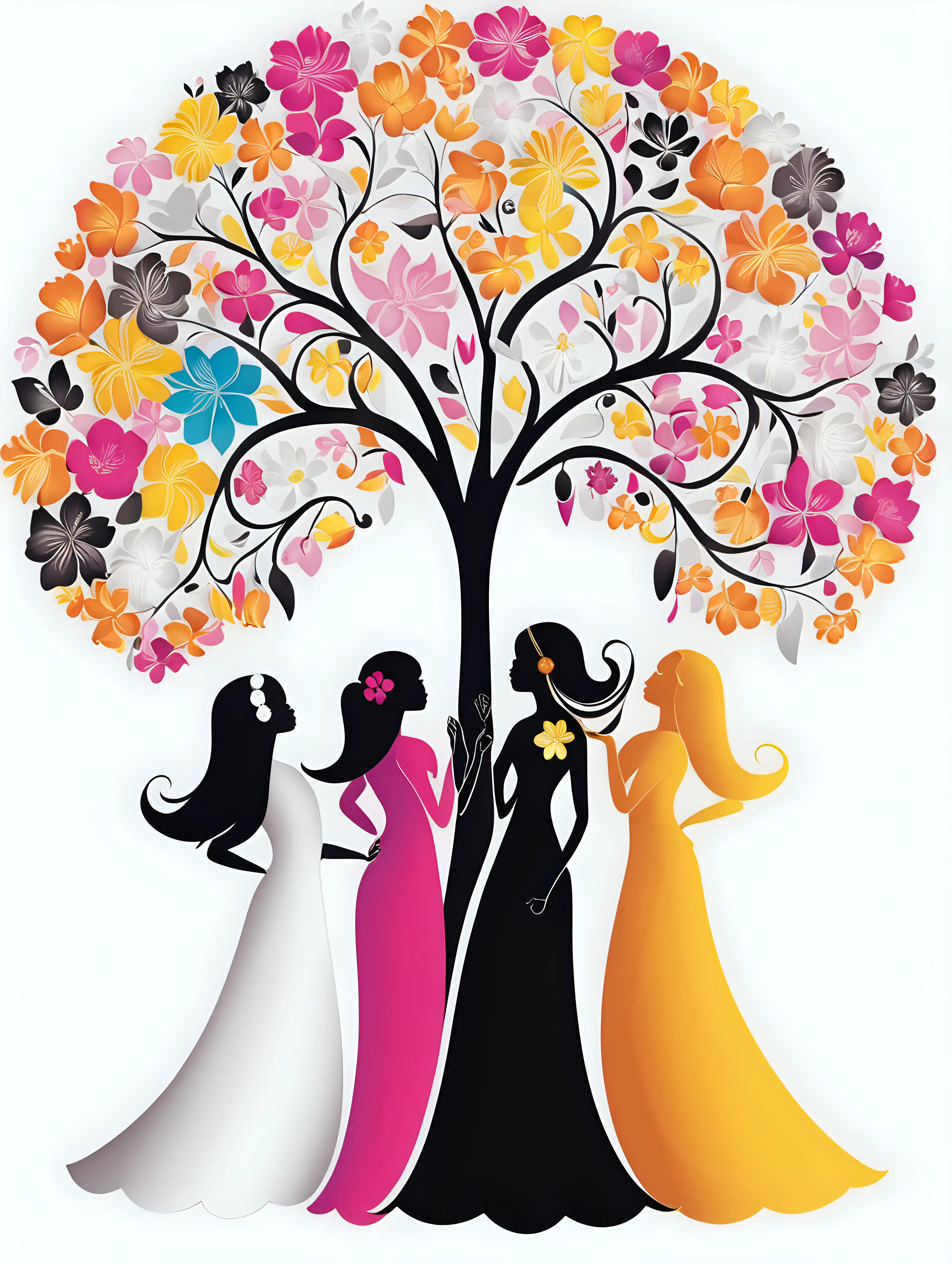 Beautiful, colorful Greeting Card for Women's Day no text, tree women,  one of them white, one of them black and one of them asiatic
