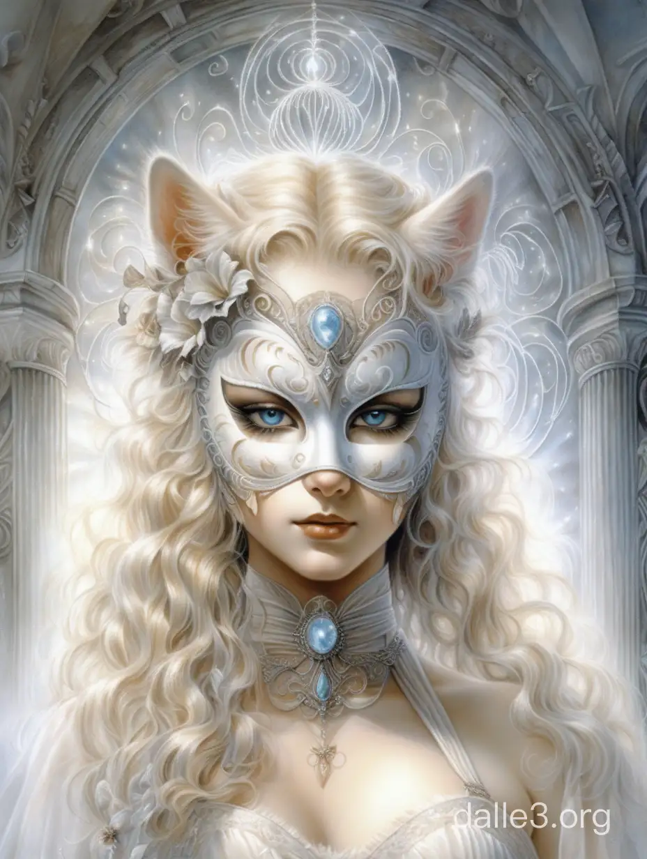  Luis Royo style: Venetian carnival cat mask, young luminous blonde pale young woman with a magnificent wreath of steel luminous wire, in shining white, albino, opera diva, against a background of white embroidered silver curtain, spirals, sparks, patterns, curls, grace, mystery, shhh, fiber, curl, glow, 4k, steampunk, watercolor+pastelr